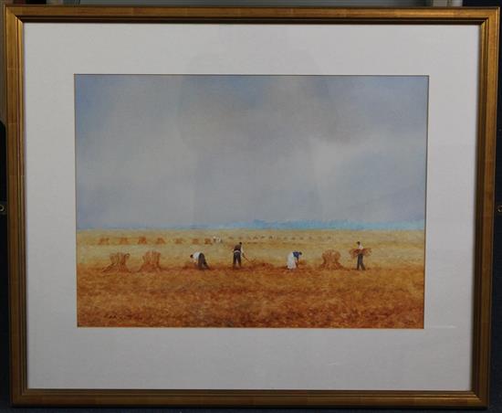 John Bond (b.1945) Harvesters at work, 14.5 x 20in.